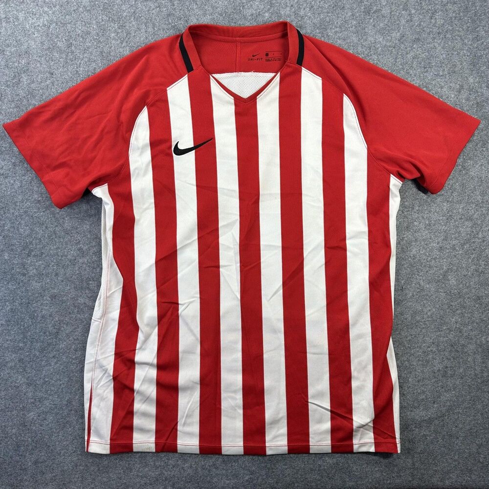 Nike Dri-FIT Shirt Mens Large Red White Stripe Short Sleeve Soccer 894081-658